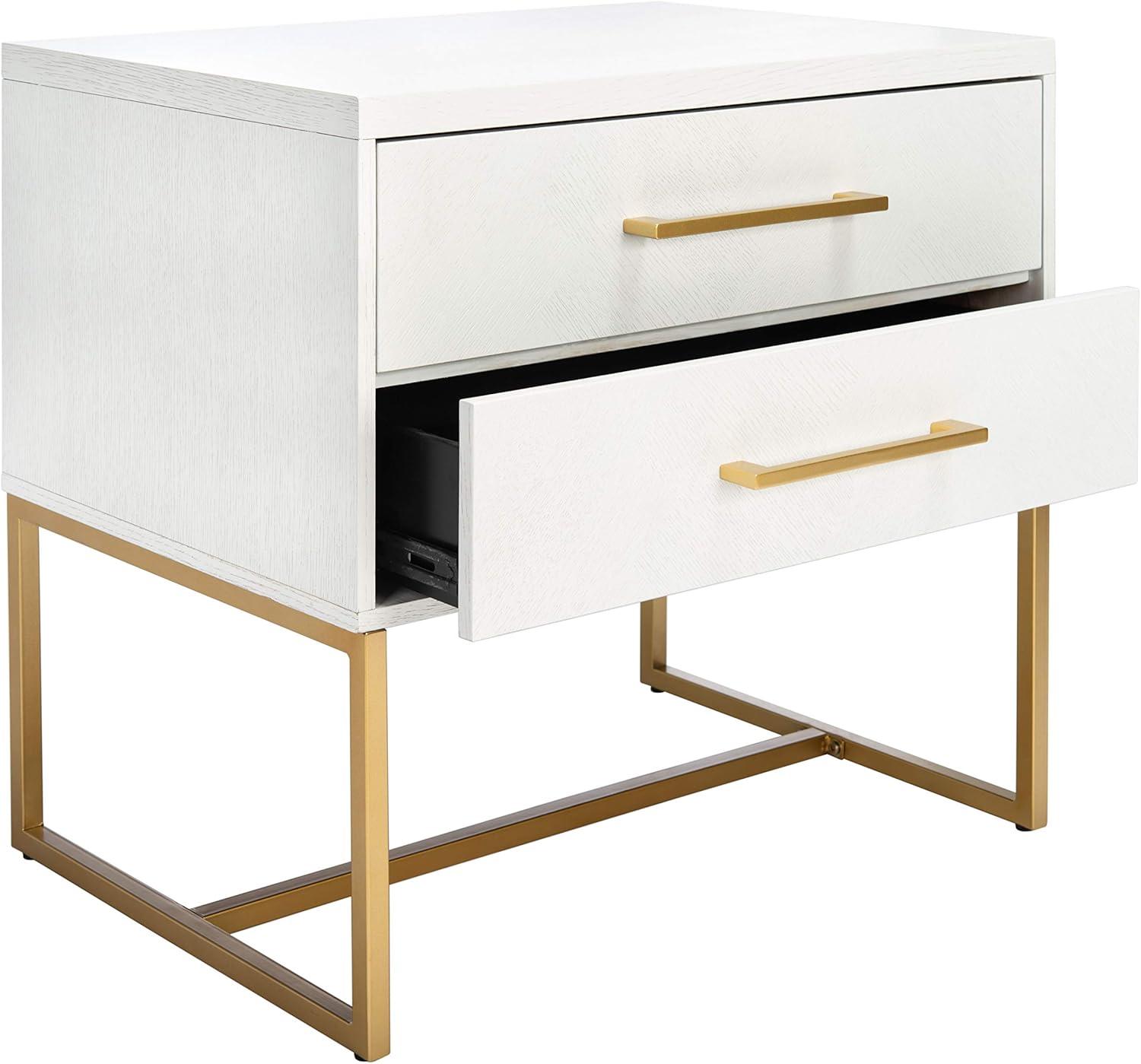 Estelle 36" White Contemporary 2-Drawer Nightstand with Brass Accents