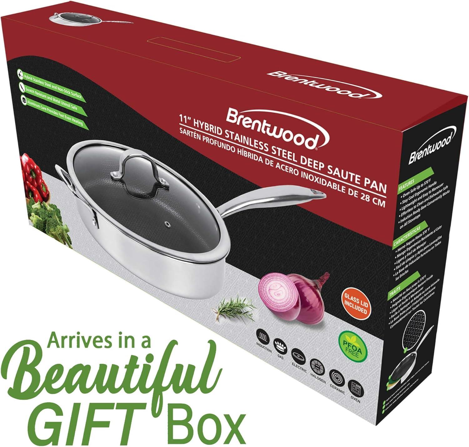 Brentwood 11-In. 3-Ply Hybrid Non-Stick Stainless Steel Induction-Compatible Deep Sauté Pan with Glass Lid
