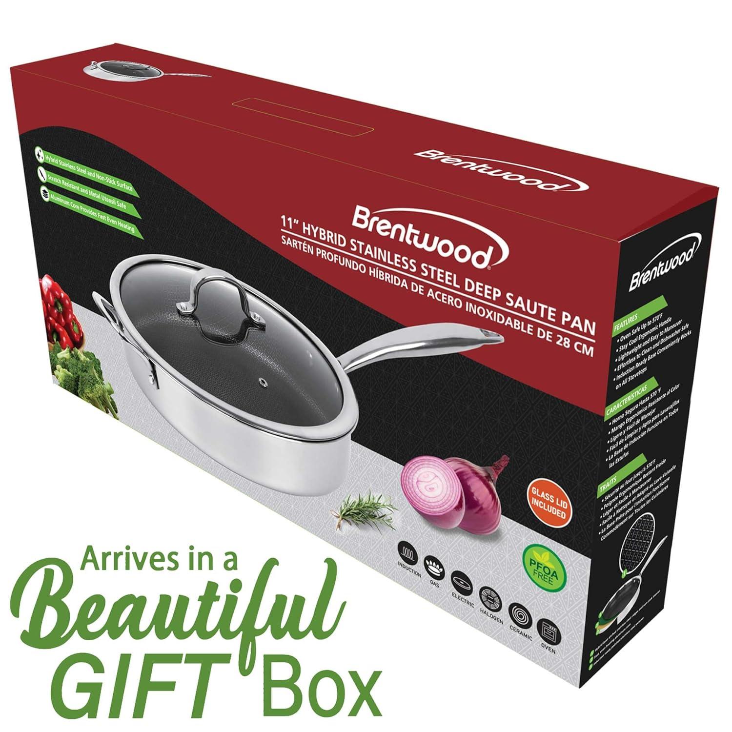 Brentwood 11-In. 3-Ply Hybrid Non-Stick Stainless Steel Induction-Compatible Deep Sauté Pan with Glass Lid