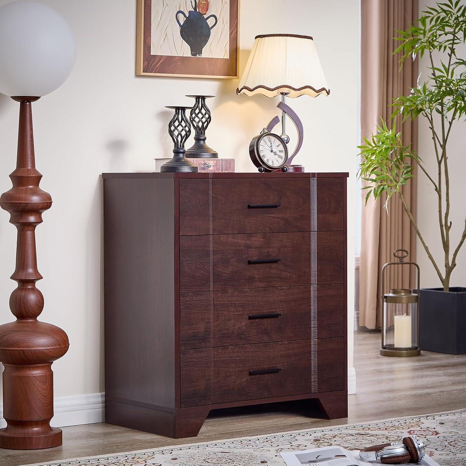 Ebern Designs Farmhouse Cherry Red Curved Tall 4 Drawers Dresser for Bedroom, 4 Chest of Drawers for Closet