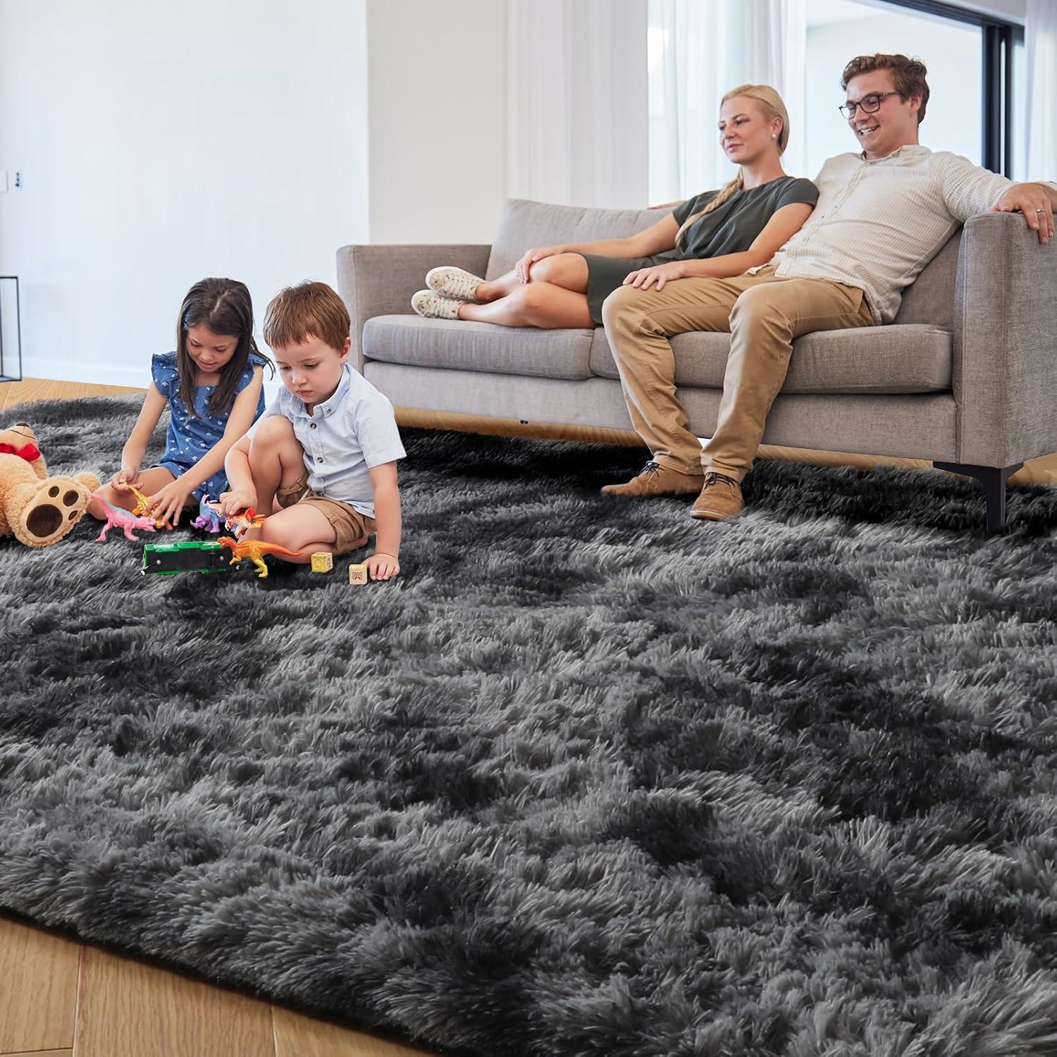 PAGISOFE Abstract Shaggy Area Rug 4' x 6' Plush Furry Rugs for Living Room, Tie-Dyed Dark Grey Soft Fluffy Rugs for Bedroom Grils Boys, Fuzzy Rugs for Nursery, Dorm. Shag Carpet for Kids Room Decor