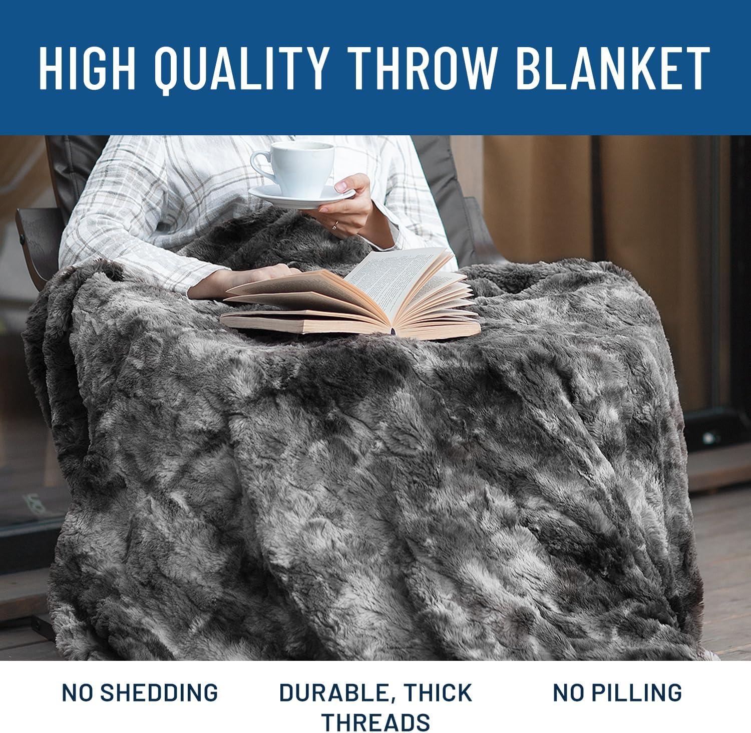 Grey Faux Fur Reversible Chunky Knit Throw Blanket