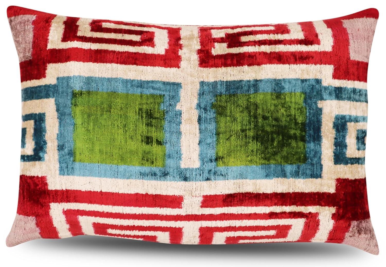 Handmade Luxury Velvet Throw Pillow with Down Feather Insert, 16"x24", Red, Green, Blue, and Cream Geometric Pattern, Decorative Cushion for Living Room, Bedroom, and Home Décor