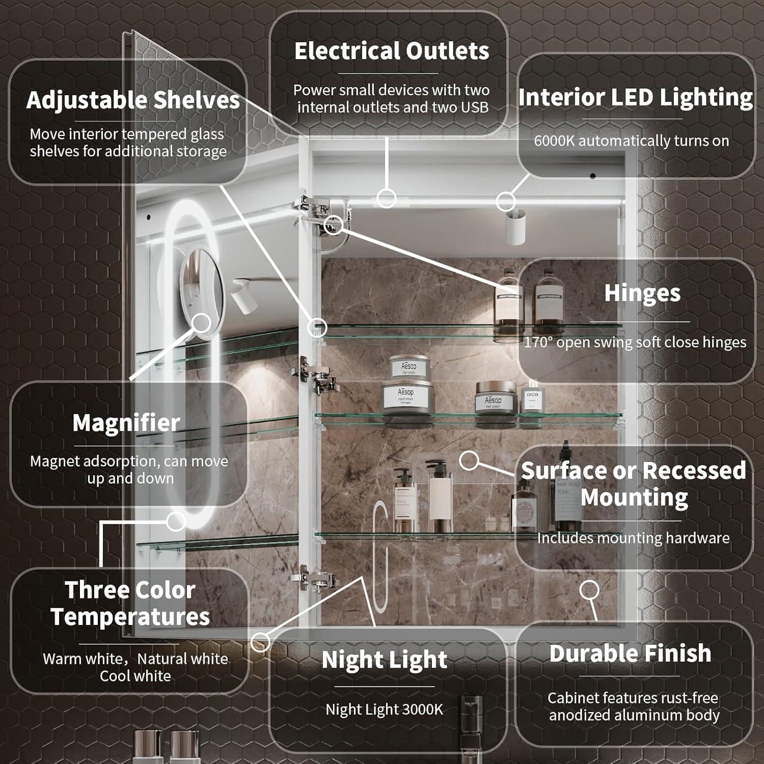 MEDUNJESS MEDUNJESS 72''x36'' Surface or Recessed Mount LED Medicine Cabinet with Mirror and Defogger 3 doors Medicine Cabinet