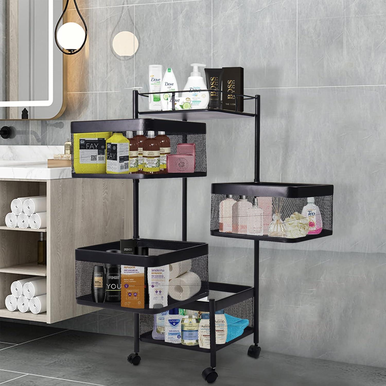 Black Metal 4-Tier Rotating Kitchen Storage Cart with Swing Out Shelves