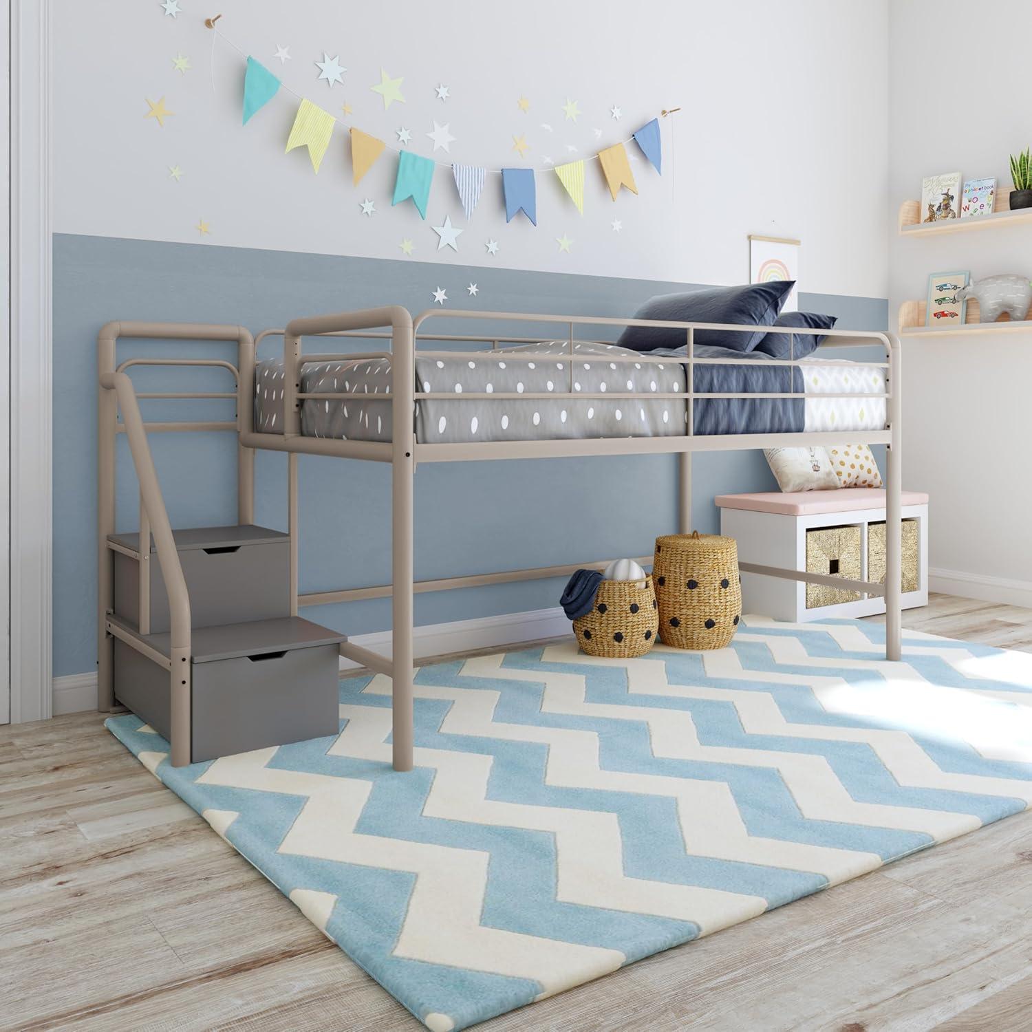 DHP Sol Junior Twin Metal Loft Bed with Storage Steps, Silver