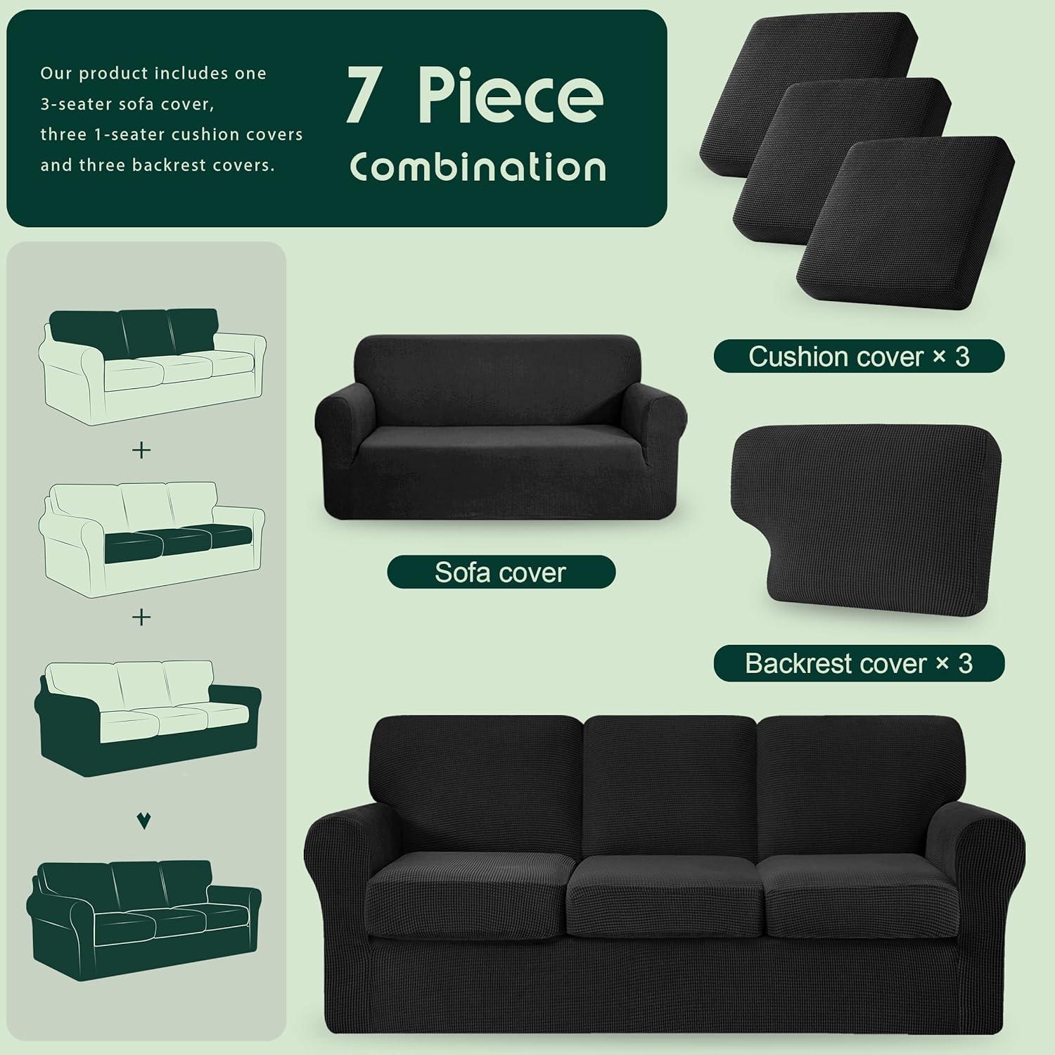 Large Black Stretch Sofa Cover Set with Separate Cushions