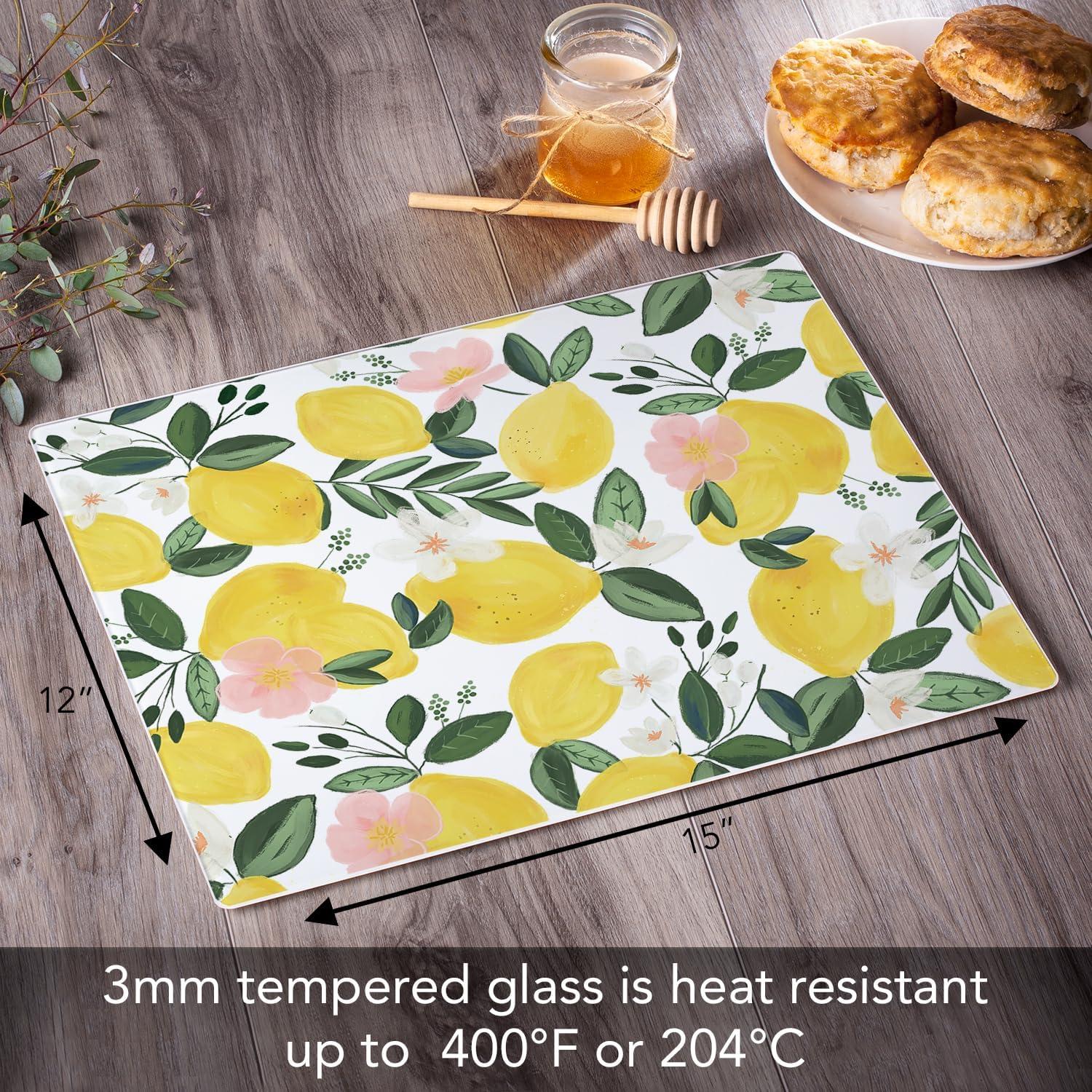 CounterArt Lemons On The Vine 3mm Glass Cutting Board 15” x 12”