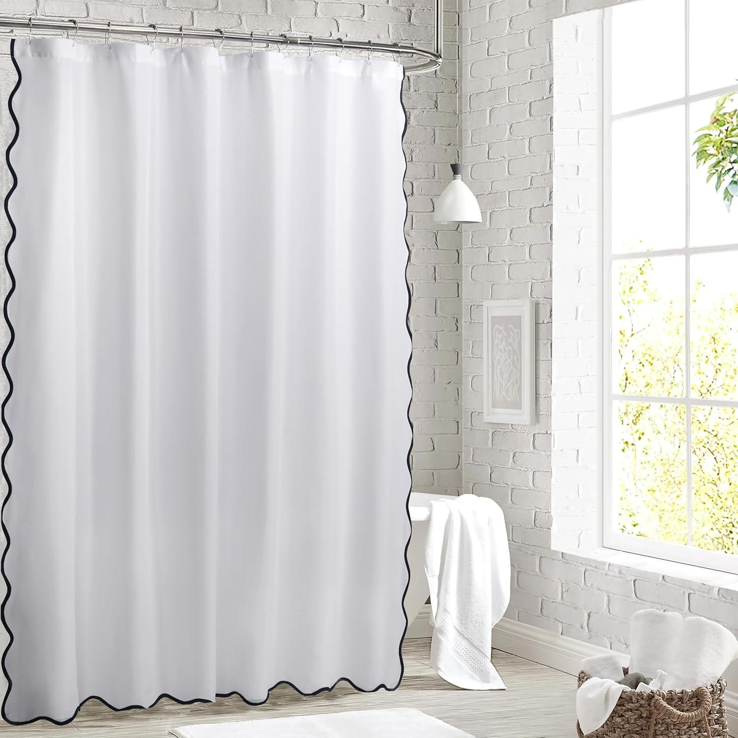 Boho Chic Aesthetic Scallop Edge Shower Curtain, Decorative Coastal Bathroom Curtain for Home Decor, 72 x 72 White and Navy Elegant Minimalist Textured Cloth Bath Curtain (LQ-36)