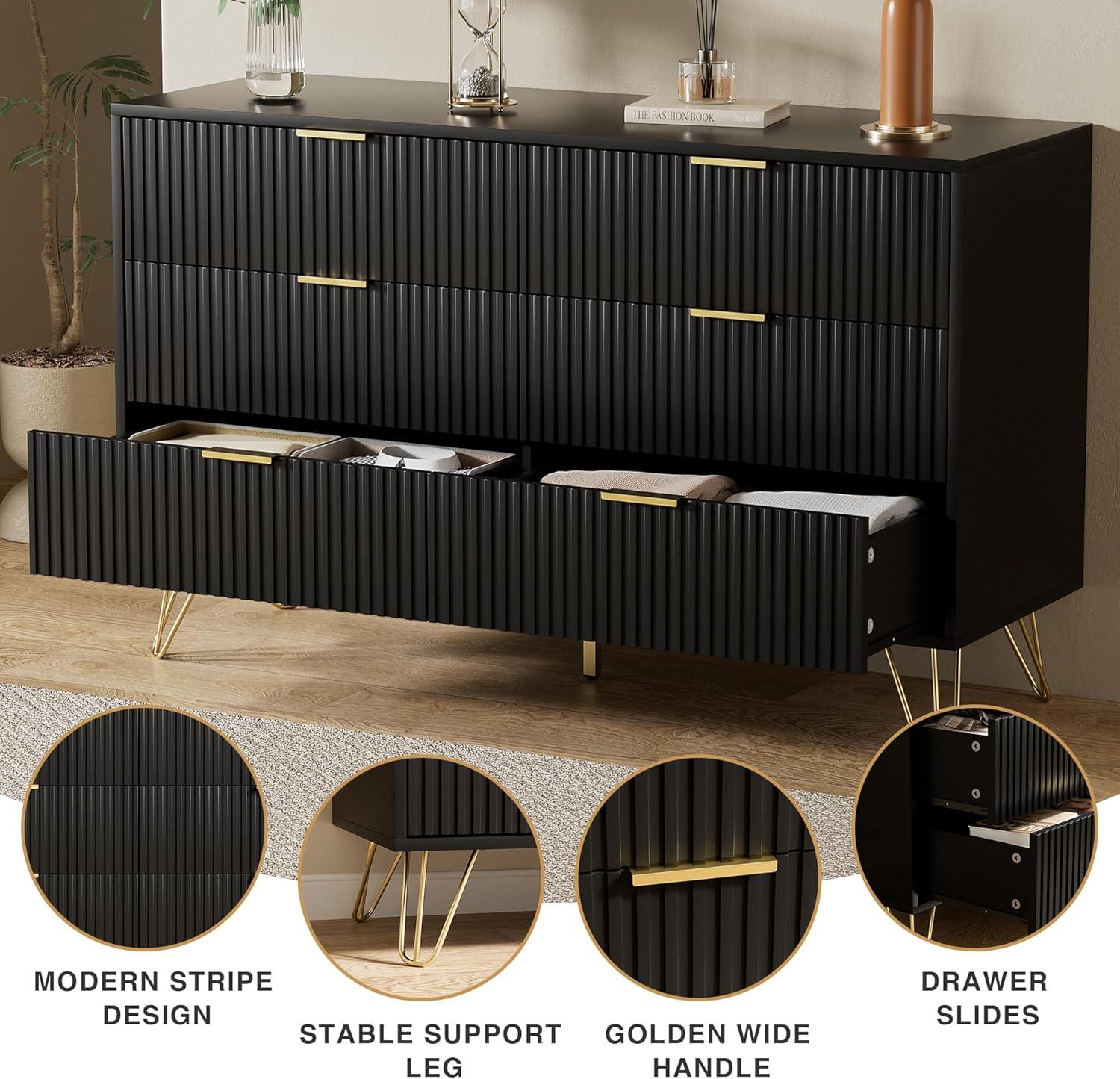 Black Dresser, Modern 6-Drawer Dresser for Bedroom with Gold Handles, Wide Chest of Drawers for Living Room
