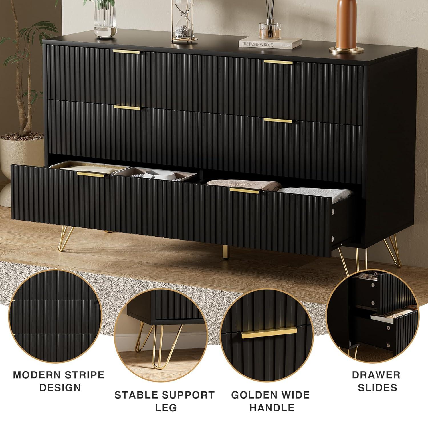 Black Dresser, Modern 6-Drawer Dresser for Bedroom with Gold Handles, Wide Chest of Drawers for Living Room