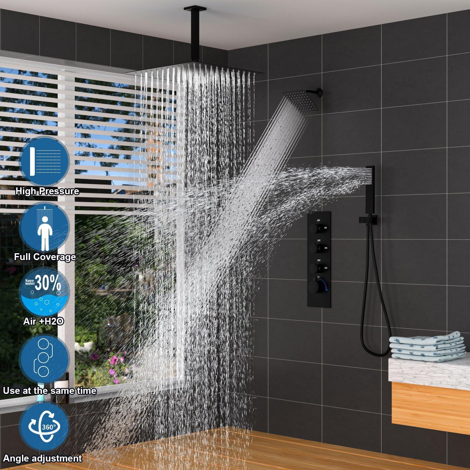 GRANDJOY 16 inch Complete Dual Shower Head System, Celling Mounted Shower Faucet Set with Hand Shower Head, Rough in-Valve, 6 Massage Body Jets - Matte Black