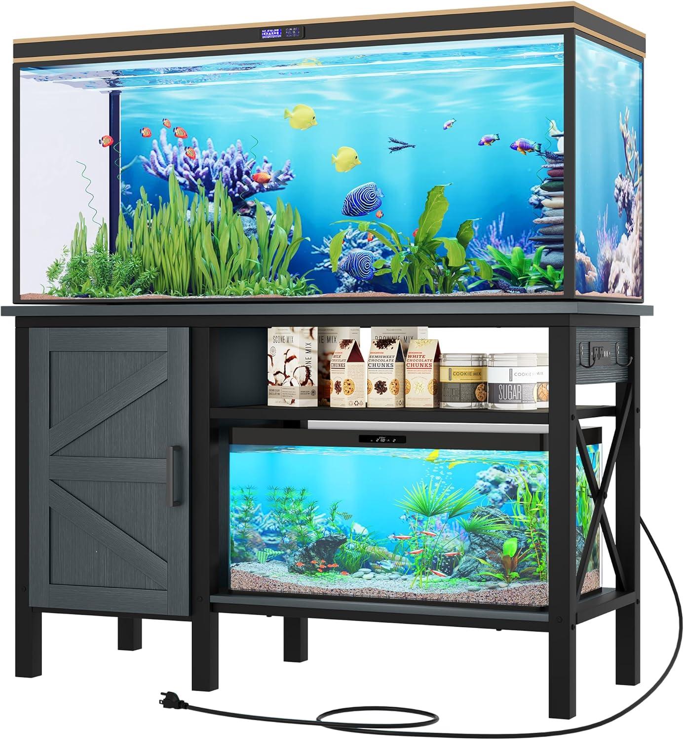 iSunirm 55-75 Gallon Aquarium Stand with Shelf, Fish Tank Stand with Power Outlets and LED Lights, Heavy Duty Reversible Aquarium Stand with Cabinet, for Fishes and Reptiles, 49.2"L*18.9"W, Black Oak