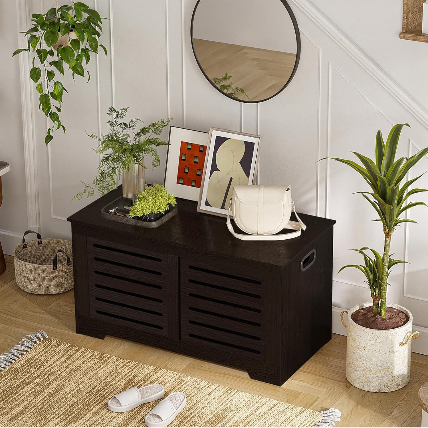 DINZI LVJ Storage Chest, Flip-Top Wooden Toy Box with 2 Safety Hinges, Retro Entryway Shoe Bench, Sturdy Large Storage Trunk for Living Room, Bedroom, Toddler Room, Easy Assembly, Rustic Brown