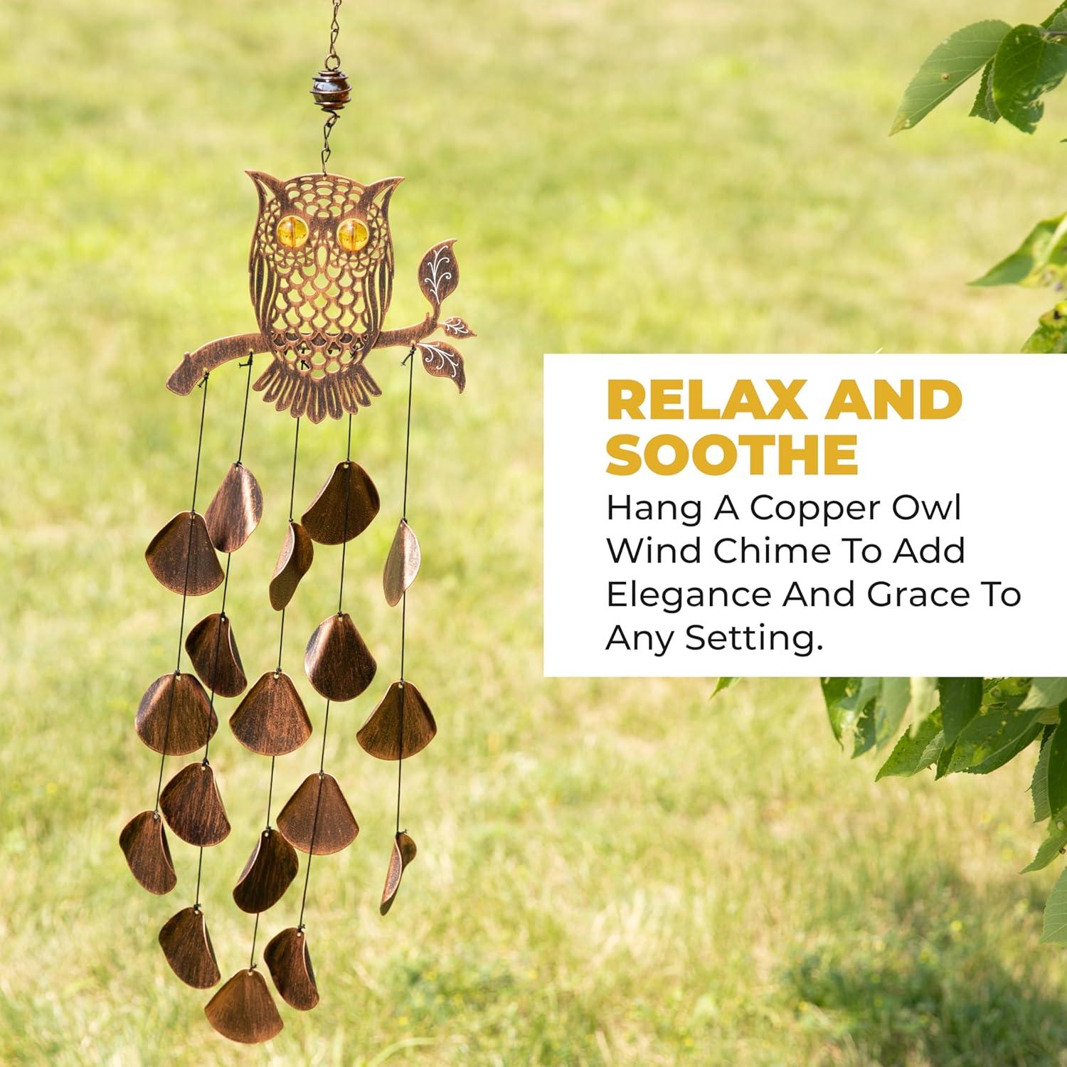 Dawhud Direct 30" H Rustic Copper Owl Wind Chimes - Garden Decoration