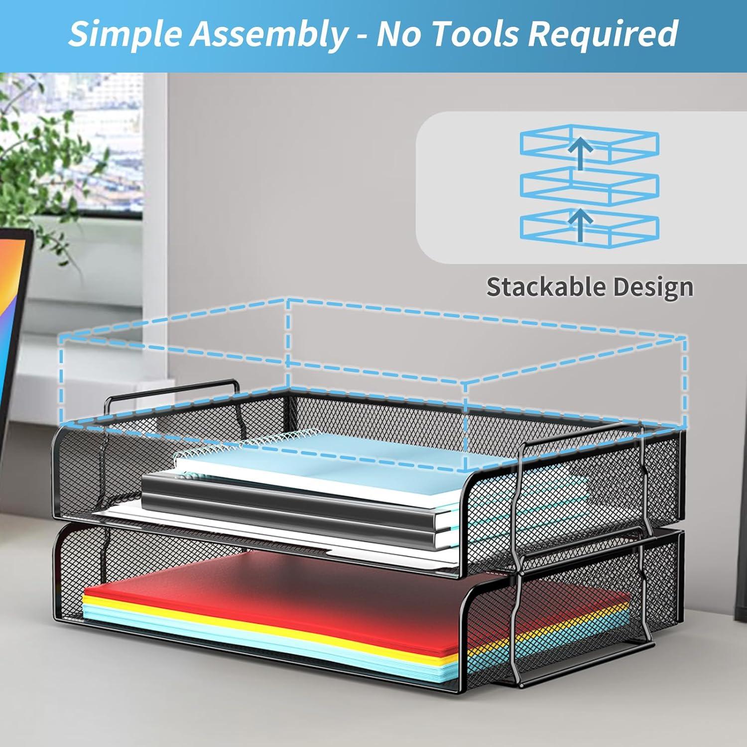 Stackable Paper Tray, Desktop Organizer, File Storage, Metal, 13.5"L x 10"W x 7.25"H, 2 Pcs