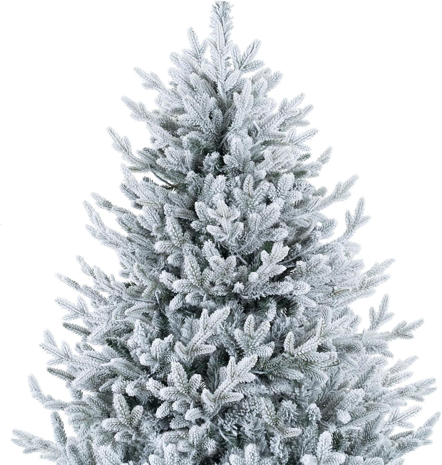 Naomi Home 6.5ft Frosted Christmas Tree with Lights, Realistic Snow Flocked Christmas Tree Prelit with 2456 Branch Tips, 450 Warm Lights and Metal Stand, Aritificial Christmas Tree