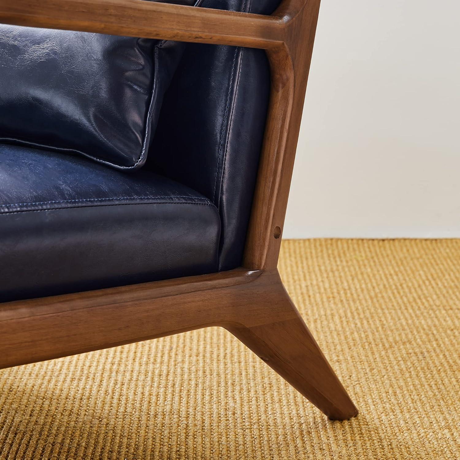 Mid-Century Modern Leatherette Arm Accent Chair Walnut Rubberwood Frame Navy Blue - Glitzhome: PU Upholstery, Tapered Legs, Office/Home Use