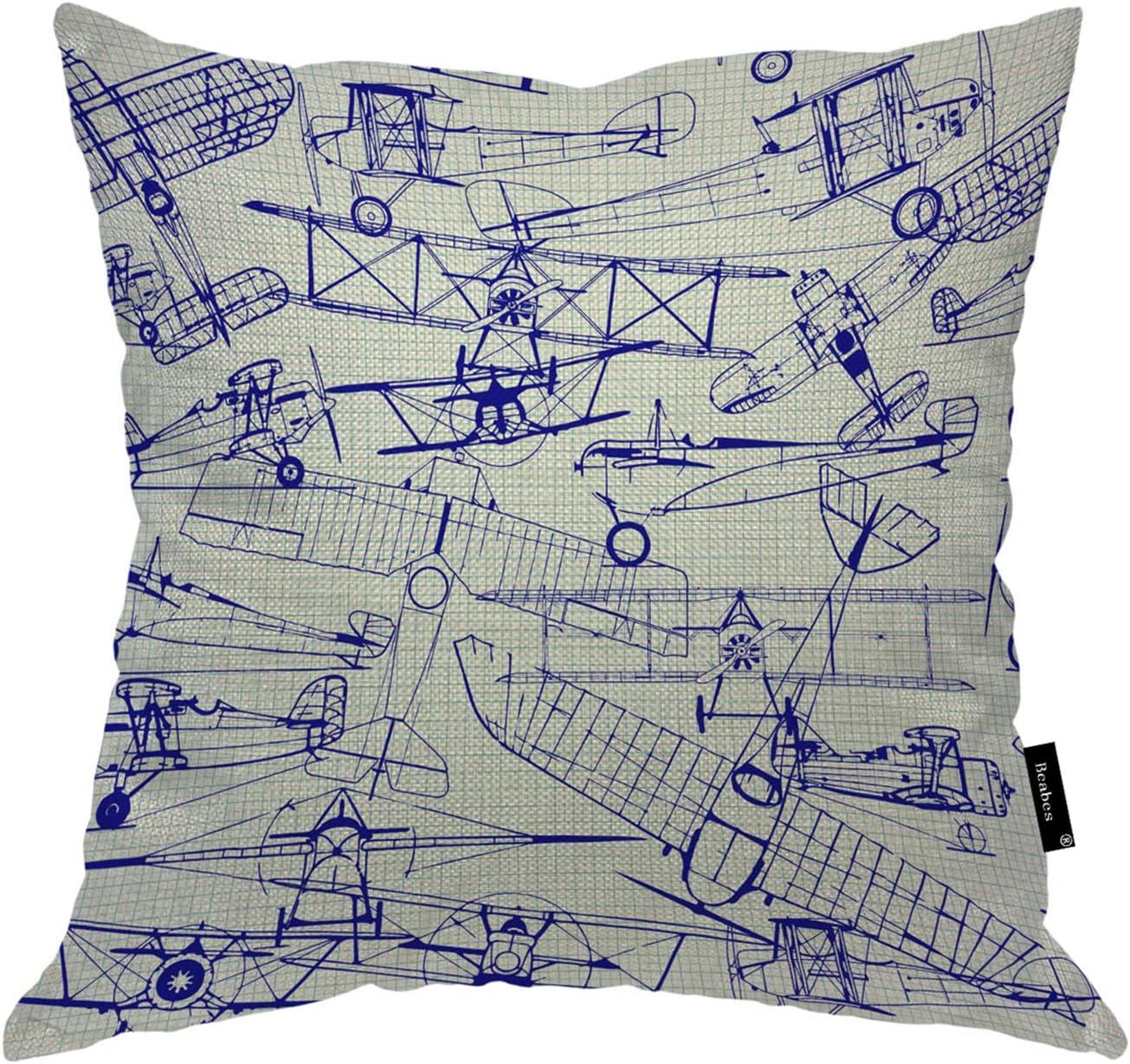 Old Airplanes Throw Pillows Covers Vintage Military Planes Model Cotton Linen Pillow Cover 18"X18" Pillowcase Decorative Pillow Cushion Cases for Sofa Bed Car Couch
