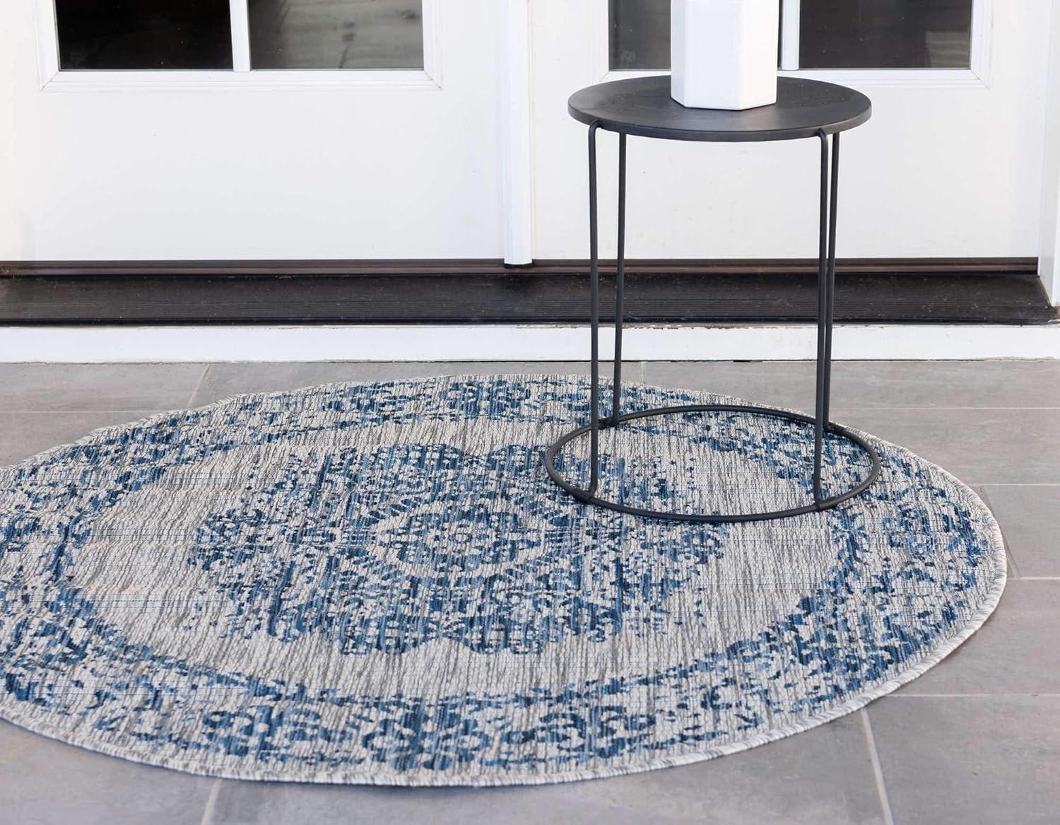 Unique Loom 4' 1 x 4' 1 Round Indoor/Outdoor Traditional Blue Area Rug