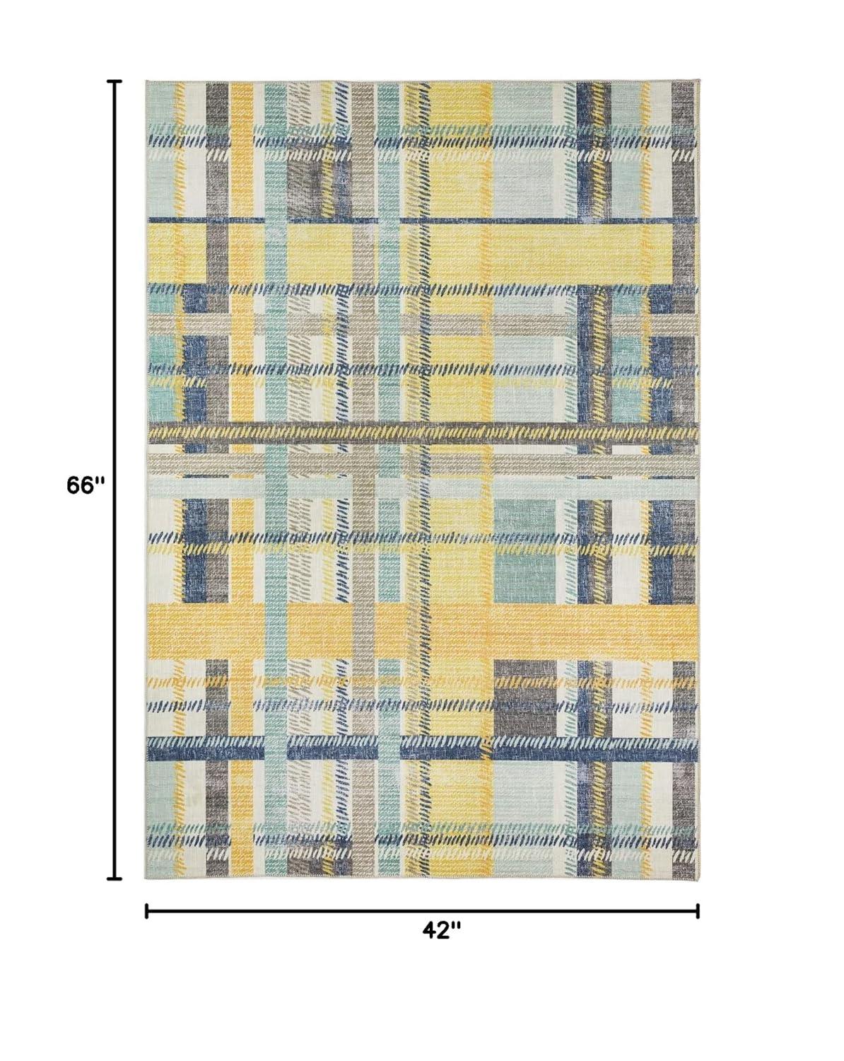 NELE Machine Washable Modern Lattice Area Rug Yellow/Blue Multi