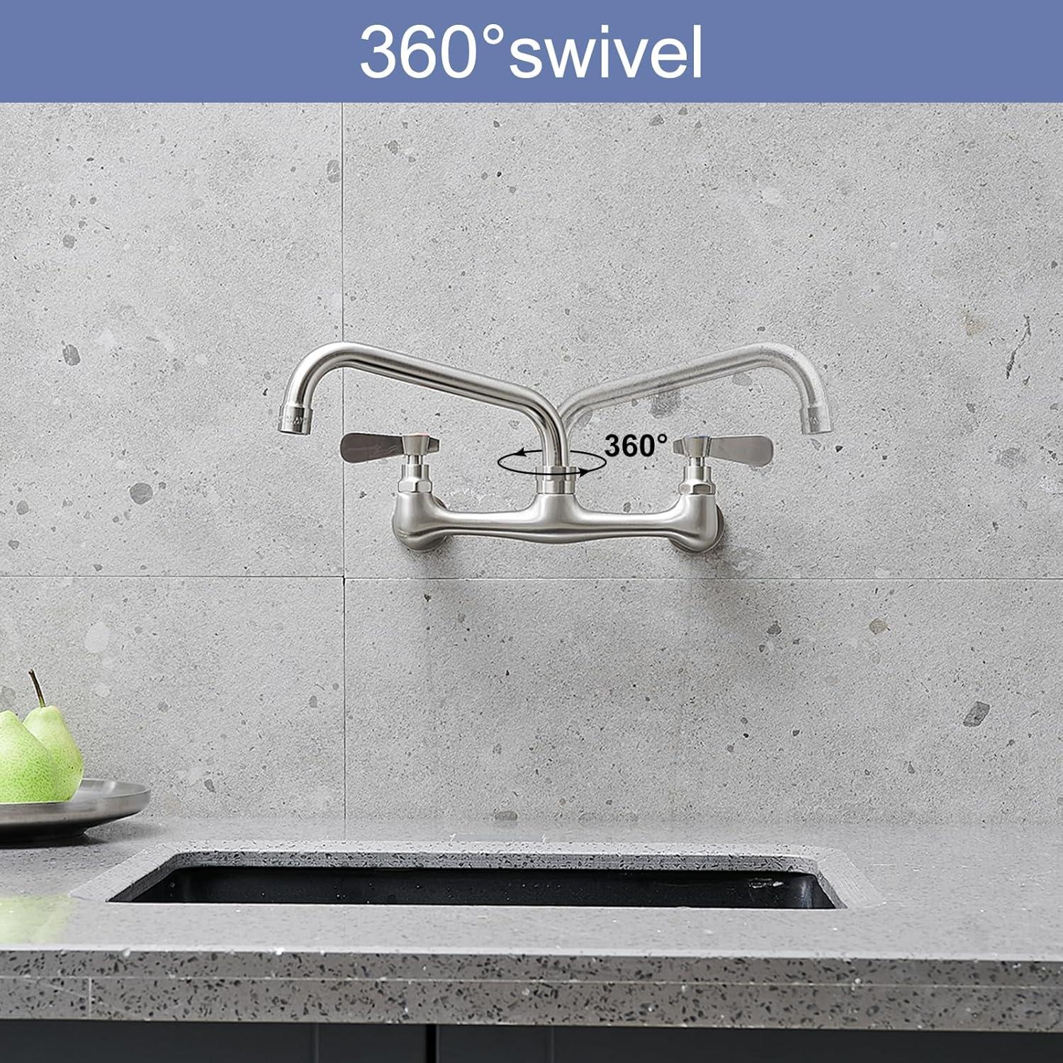 BWE Double Handles Wall Mount Modern Standard Kitchen Faucet With 8 Inch Swivel Spout 8" Center