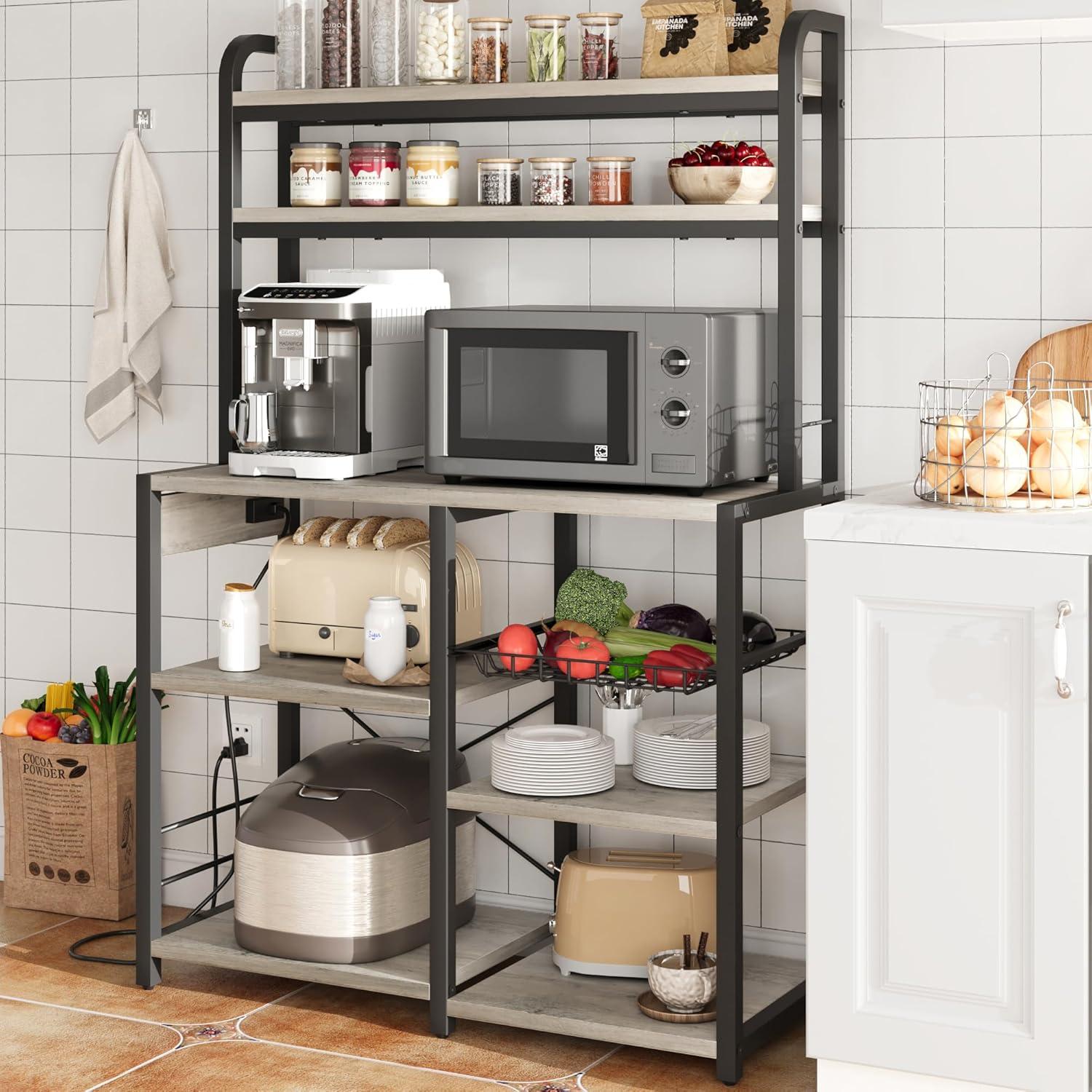 Retro Gray 6-Tier Adjustable Bakers Rack with Power Outlet