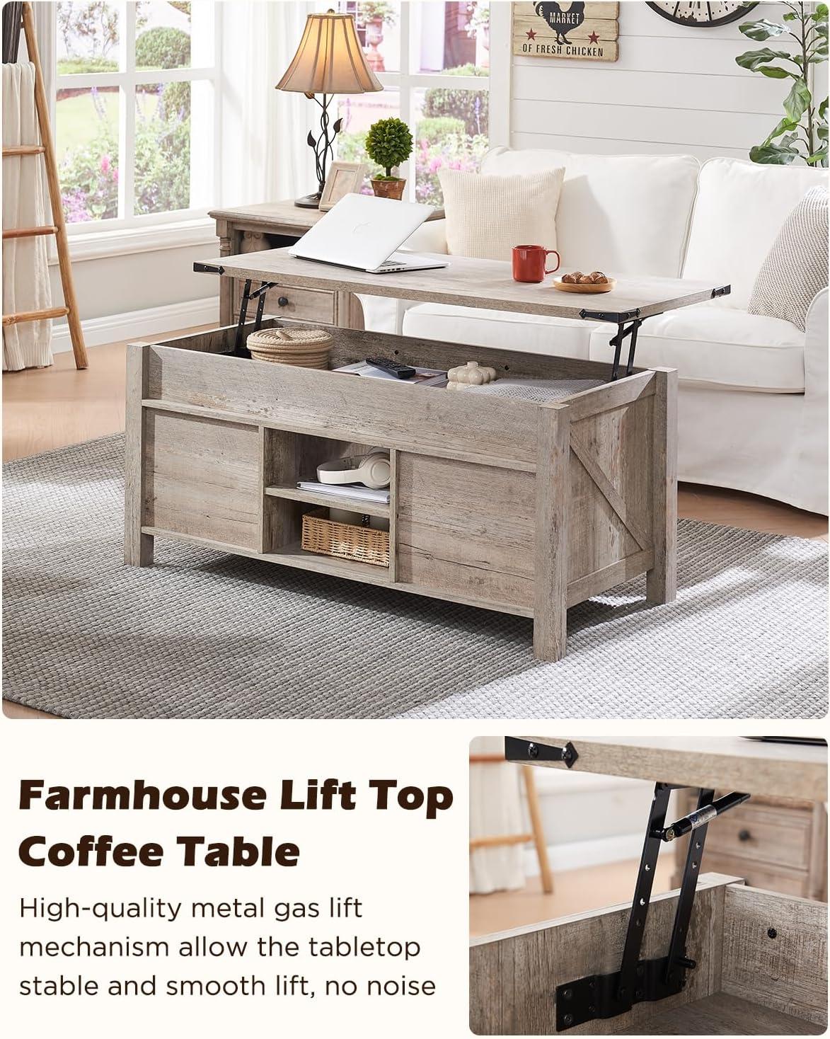 OKD Farmhouse Sturdy Coffee Table with Sliding Barn Doors and Storage Shelves for Living Room, Den, Family Room, or Office, Light Rustic Oak Finish