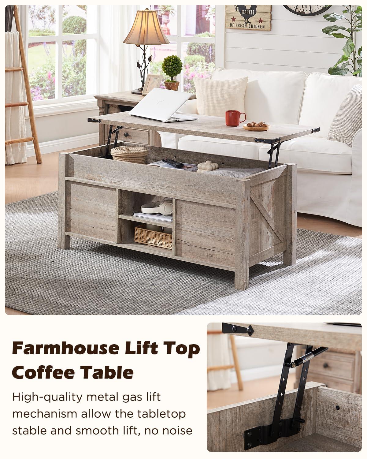OKD Farmhouse Sturdy Coffee Table with Sliding Barn Doors and Storage Shelves for Living Room, Den, Family Room, or Office, Light Rustic Oak Finish