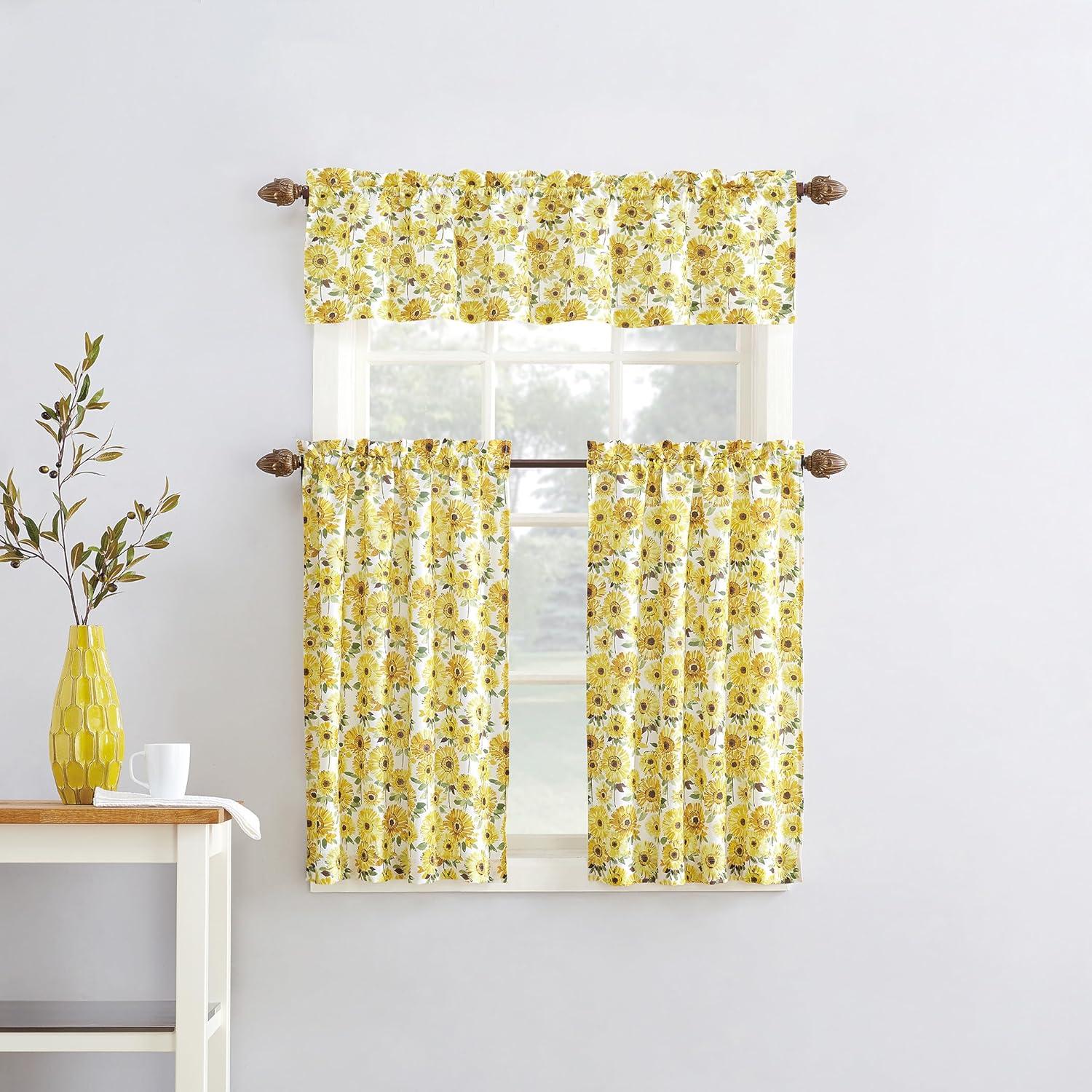 24"x54" Sunflower Print Semi Sheer Rod Pocket Kitchen Curtain Valance and Tiers Set Yellow - No. 918: Floral Botanical Design