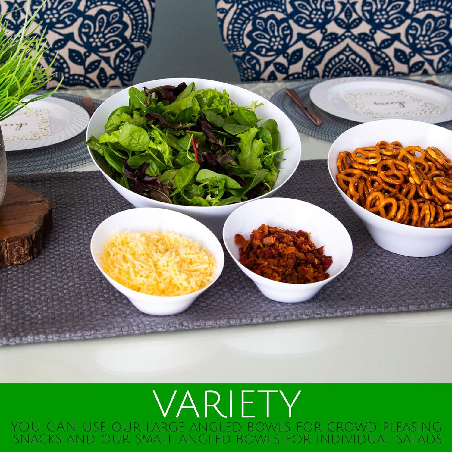 PLASTICPRO Angled Plastic Serving Bowls White Disposable Bowls Party Supplies, Large 4-Pack