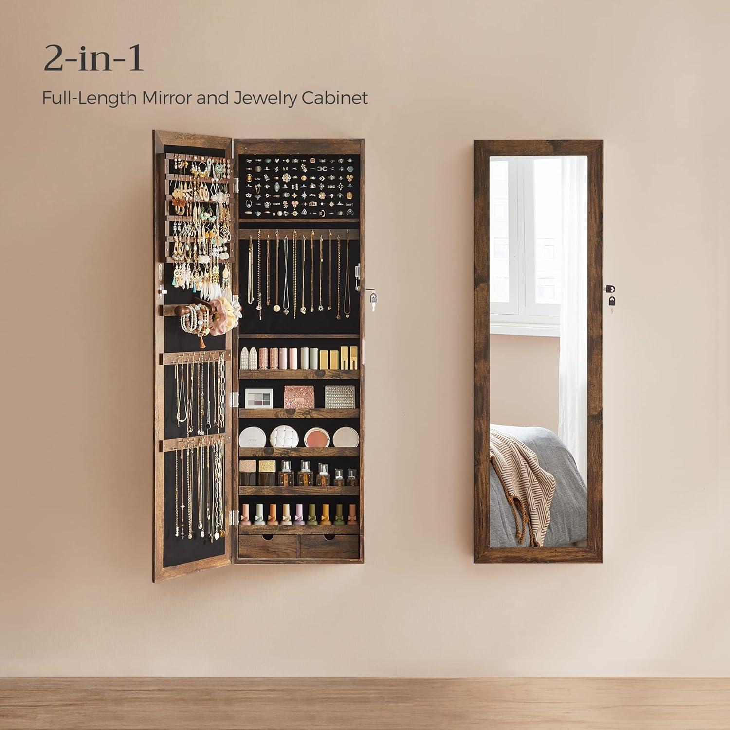 6 LEDs Mirror Jewelry Cabinet Lockable 47.2" H Wall/Door Mounted Jewelry Armoire Organizer Rustic Brown
