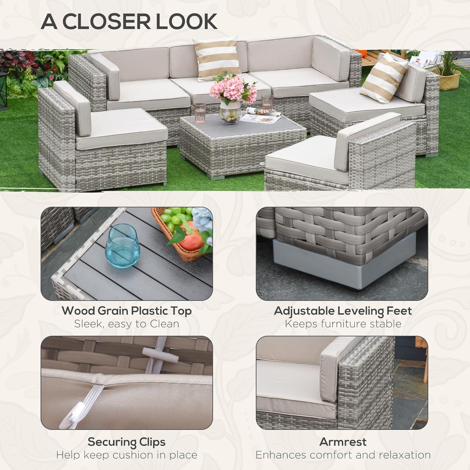 Outsunny 7-Piece Patio Furniture Set, Outdoor Wicker Conversation Set, All Weather PE Rattan Sectional Sofa w/ Faux Wood Table, Stripe Pillows, Beige