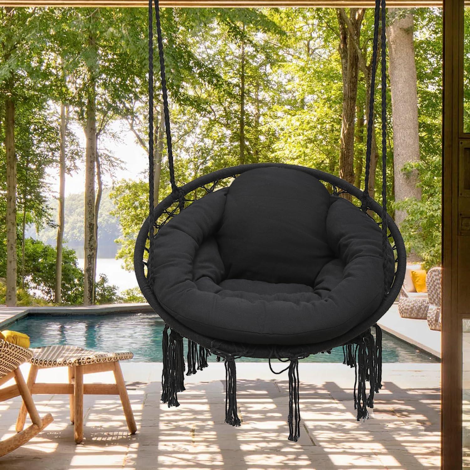 Black Macrame Hanging Chair with Cushions and Metal Frame