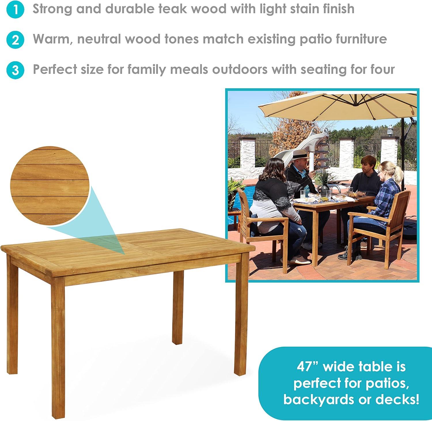 Sunnydaze Outdoor Solid Teak Wood with Stained Finish Rectangular Patio Dining Table - 48" - Light Brown