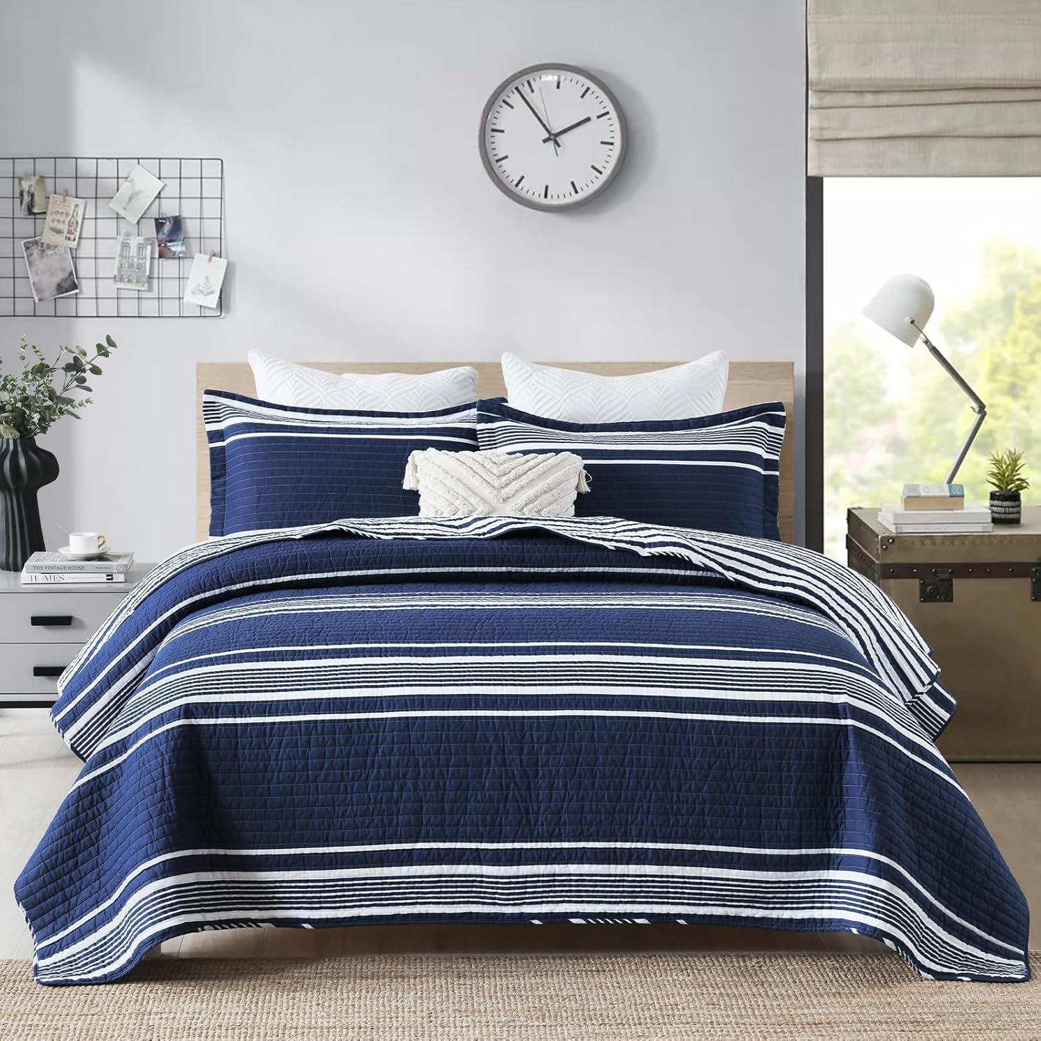 Navy Blue and Gray Striped Cotton Queen Quilt Set