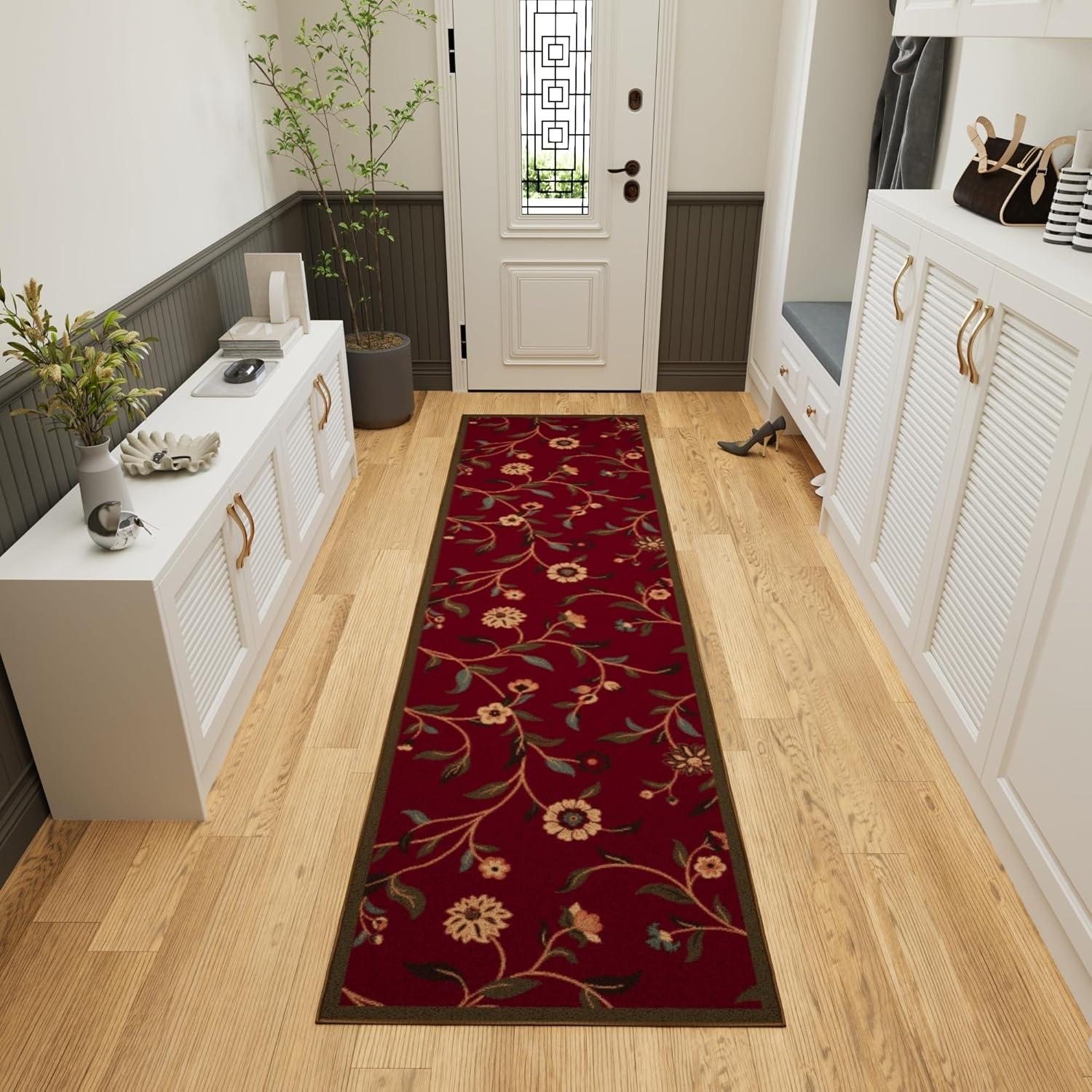 Ottohome Non-Slip Floral Leaves Area Rug For Living Room, Hallway, Entryway Rug, Dark Red
