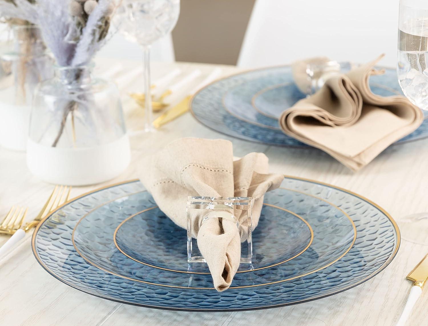 PLASTICPRO Pack of 30 Disposable Plastic Plates Fancy Dinner Plate Heavy Weight, Hammered Blue With Gold Rim 7”