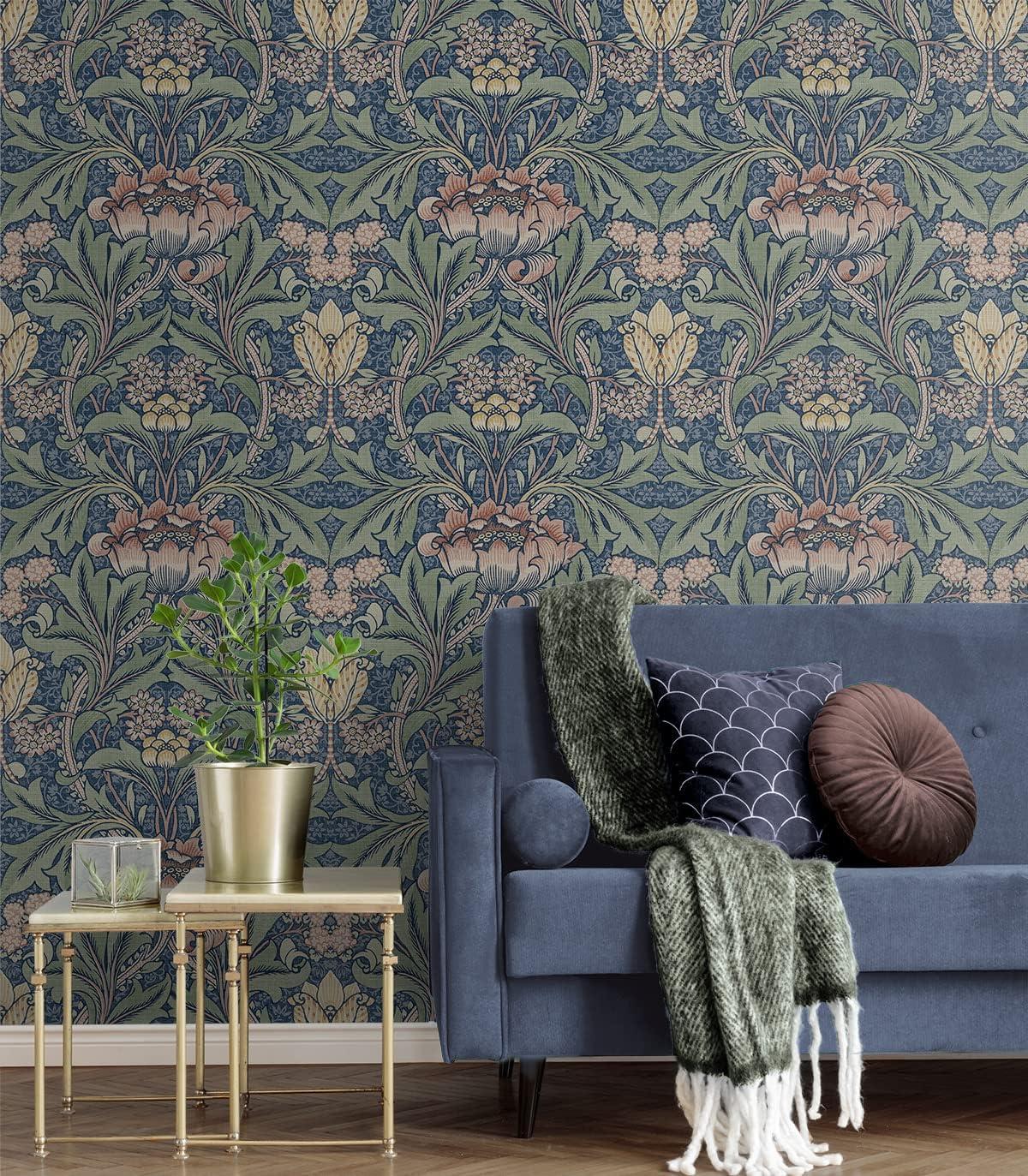 Seabrook Designs  Acanthus Floral Prepasted Wallpaper 20.5 in. W x 33 ft. L - Denim Blue & Salmon