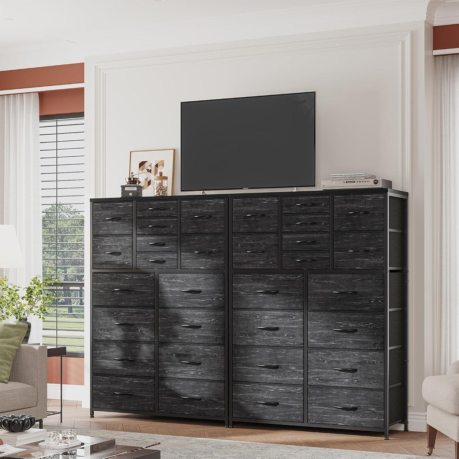 Tall Black Wood and Metal 16-Drawer Dresser with Levelers