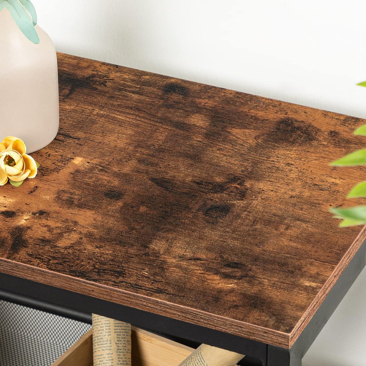 Rustic Brown and Black Console Table with Adjustable Mesh Shelves