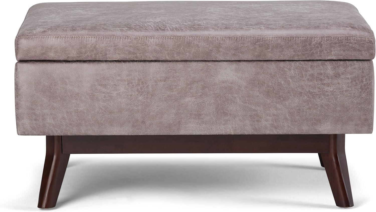 Mid-Century Modern Distressed Gray Taupe Wood Storage Ottoman