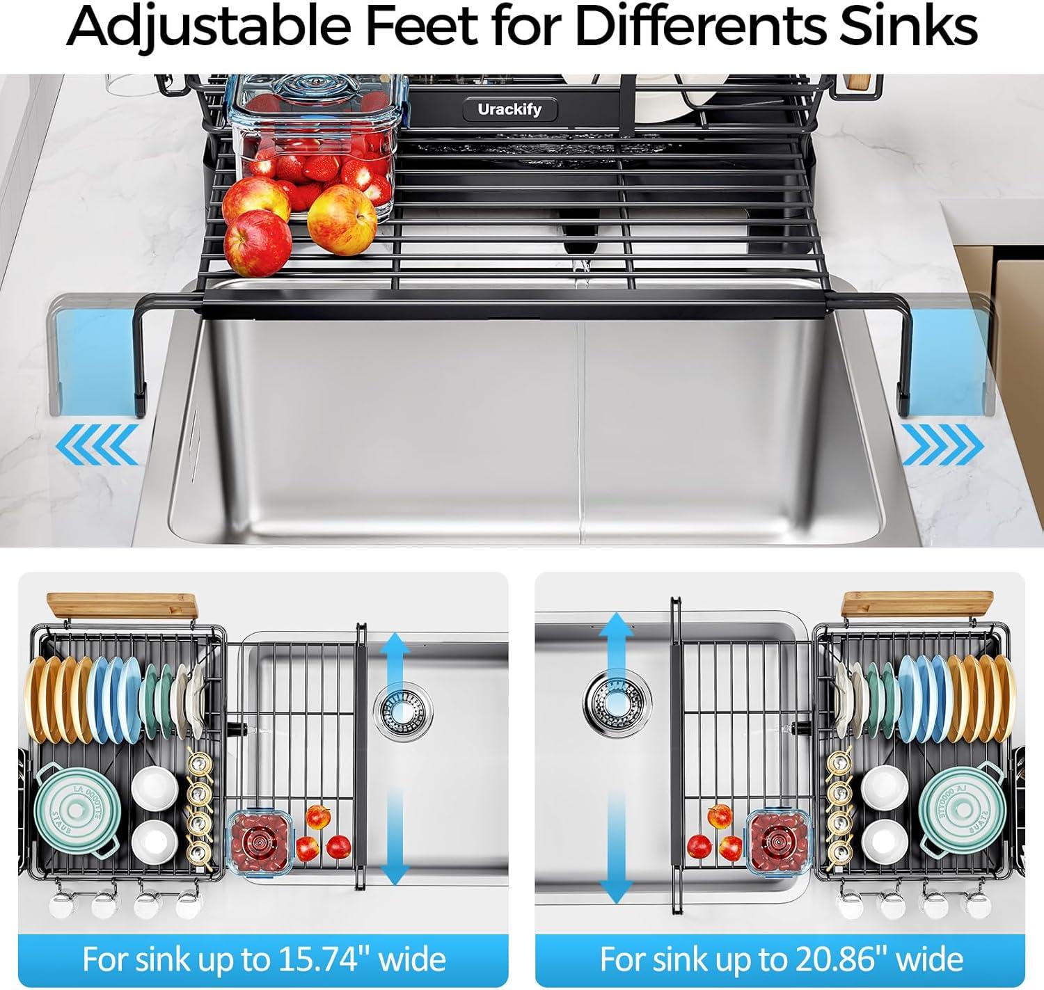 THE GLAMOUR BOUTIQUES Extendable Dish Drying Rack, 2 In 1 Multifunction Dish Rack For Kitchen Counter, Expandable Dish Drainer Over Sink, Large Dish Strainer With Drainboard & Cups Holder, Black