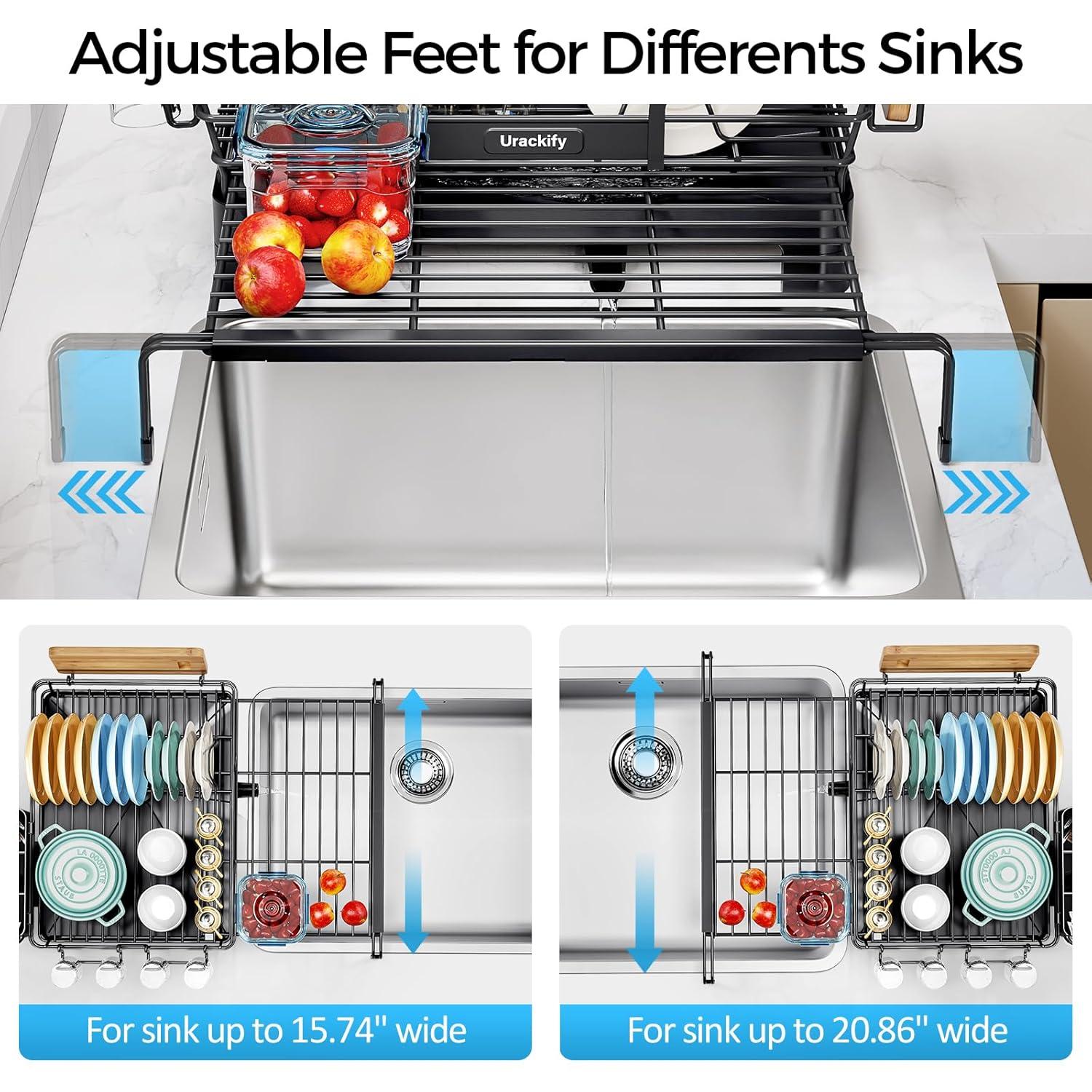 THE GLAMOUR BOUTIQUES Extendable Dish Drying Rack, 2 In 1 Multifunction Dish Rack For Kitchen Counter, Expandable Dish Drainer Over Sink, Large Dish Strainer With Drainboard & Cups Holder, Black