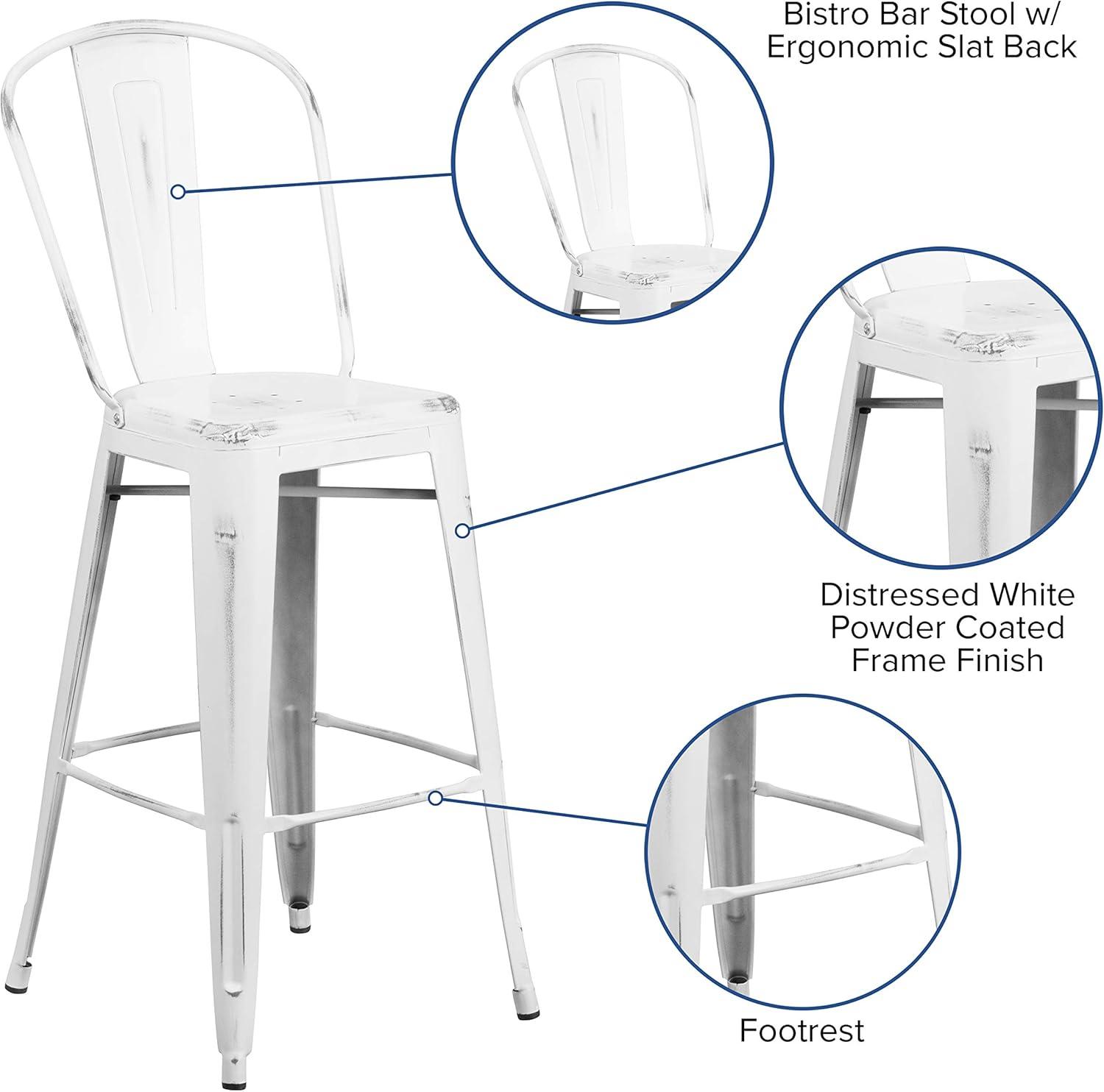 Flash Furniture Commercial Grade 30" High Distressed White Metal Indoor-Outdoor Barstool with Back