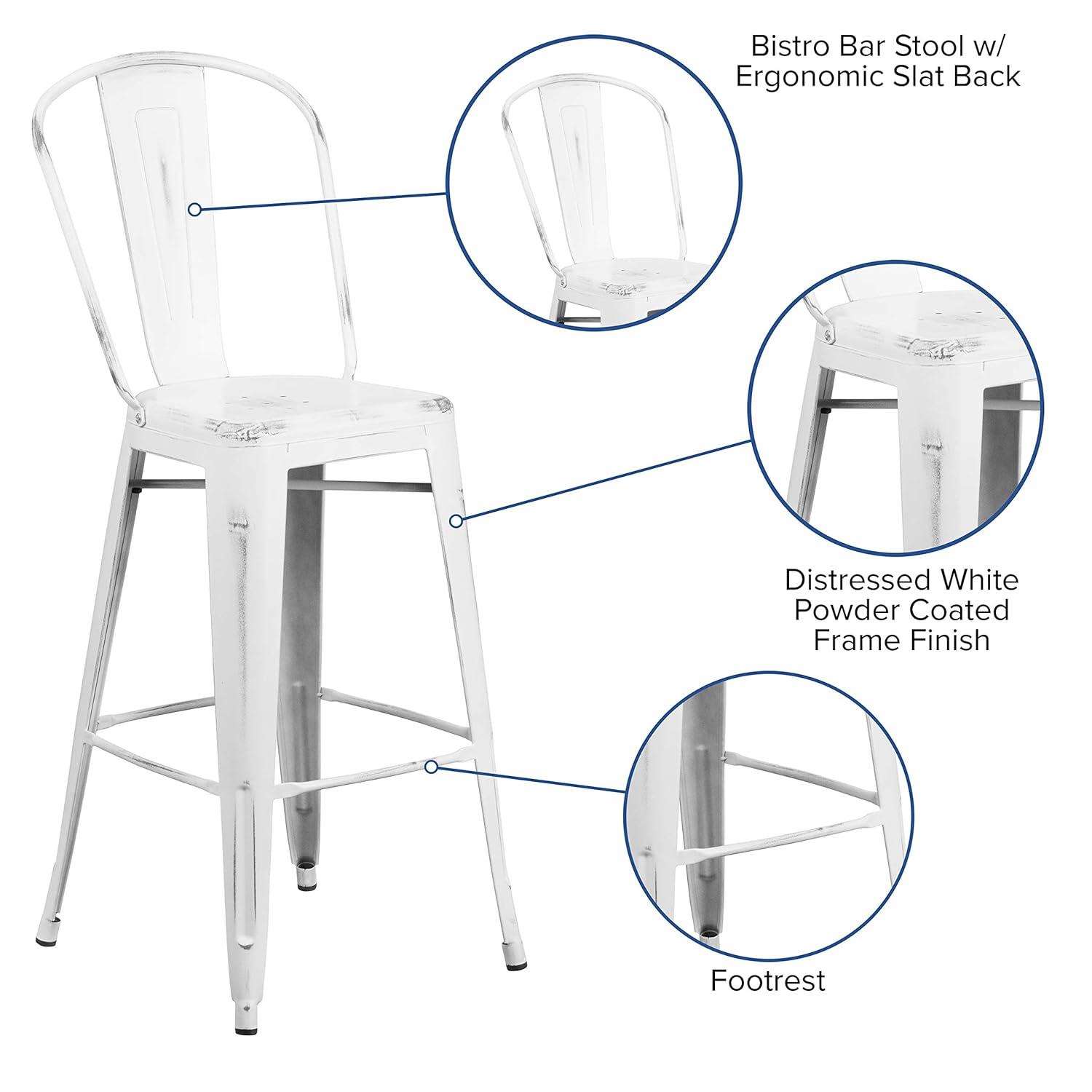 Flash Furniture Commercial Grade 30" High Distressed White Metal Indoor-Outdoor Barstool with Back