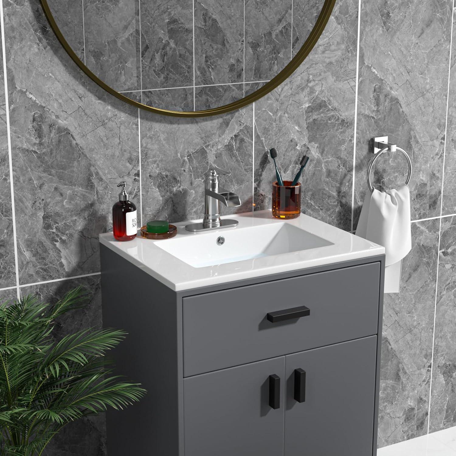 Sarlai 24 Inch Bathroom Vanity Sink Tops - White Drop In Bathroom Sink Ceramic Topmount Rectangular Vanity Top with Overflow