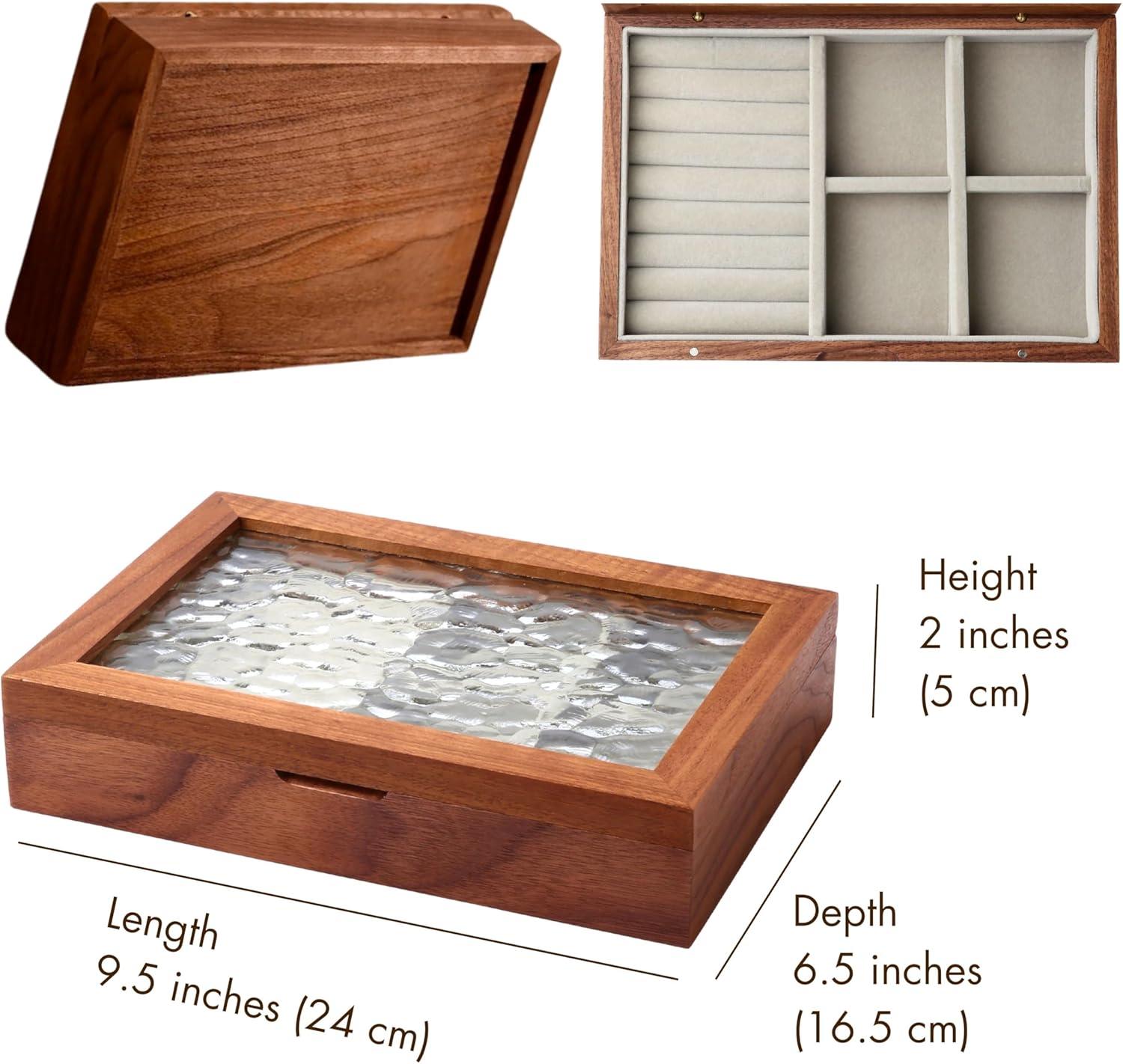 Medium Walnut Wood Jewelry Box with Glass Lid and Compartments