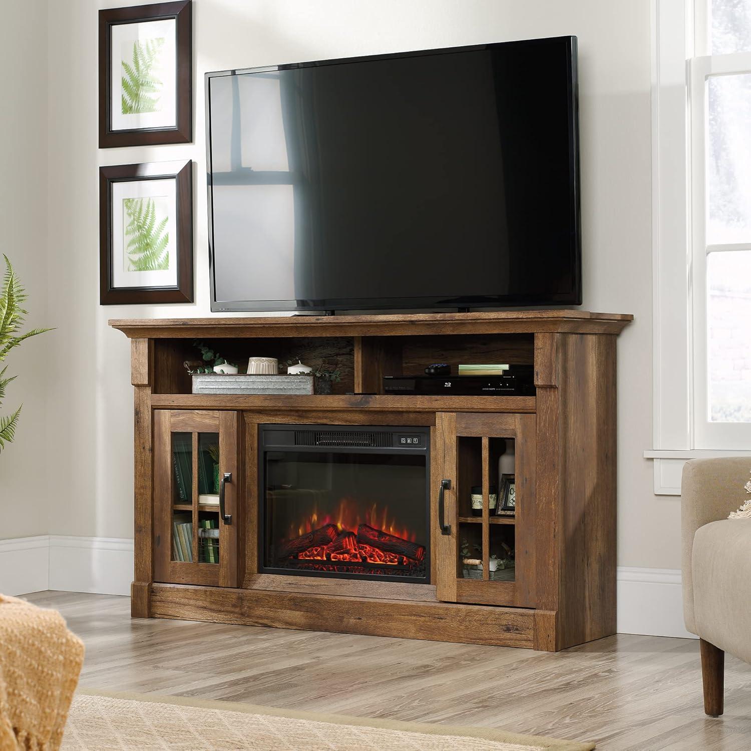 Sauder Fireplace TV Stand with Glass Doors for TVs up to 65", Vintage Oak Finish