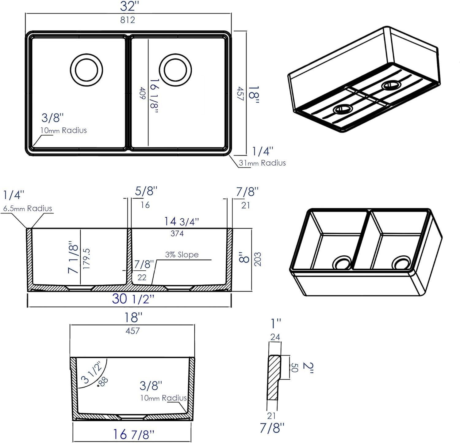 32'' L Undermount Double Bowl Fireclay Kitchen Sink